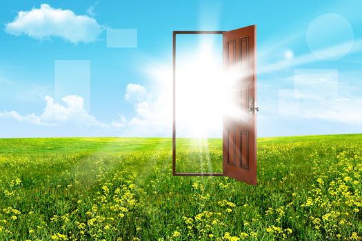Abstract. Open door in steppe. The sky and sun
