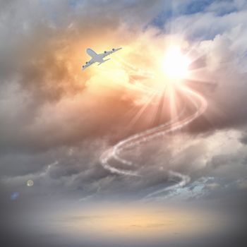 Image of flying airplane in sky with clouds at background