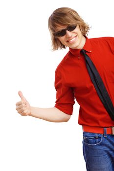 Happy smiling young man dancing and listening to music