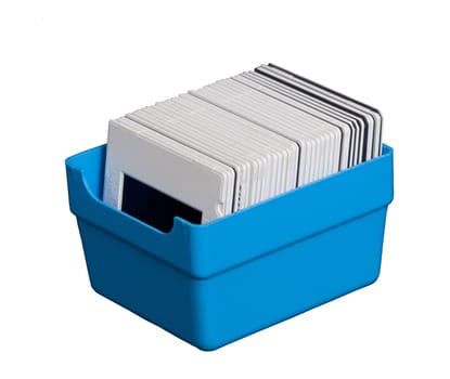 Blue box with transparency film isolated on white background
