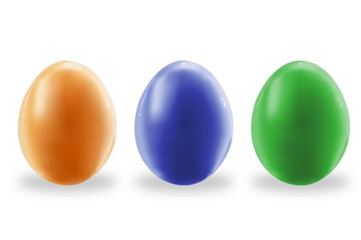 Three multicoloured eggs on a white background. Easter