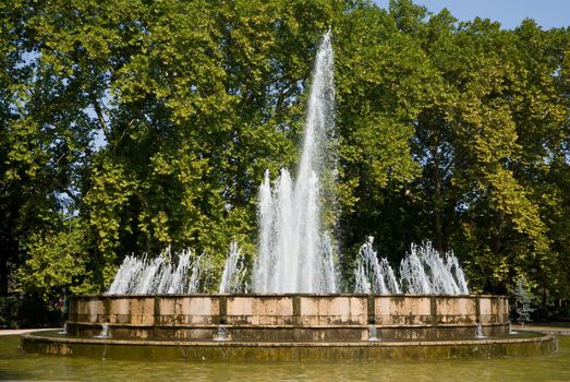 fountain with trees in the background in a park