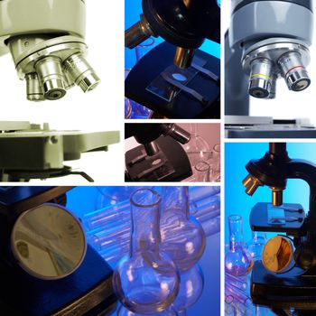 Microscope and laboratory glasswares on a blue background. Collage