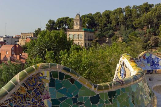 Park Guell mosaic bench snake designed by Antonio Gaudi
