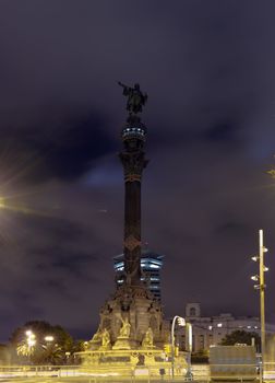 Christopher Columbus Monument night in Barcelona, Spain