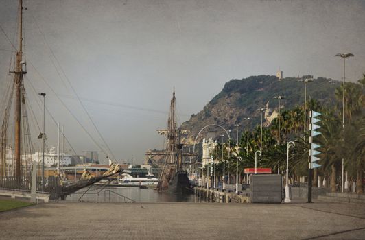 Grunge styled background - harbor "Port Vell" in Barcelona, Spain