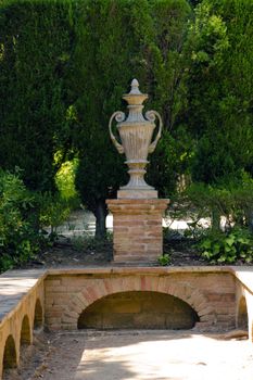 vases in garden of the Park labyrinth in Barcelona Spain, Catalonia.