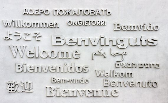 billboard announcement Welcome on many languages of the world