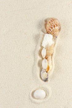 Exclamation mark made of seashells on the sand