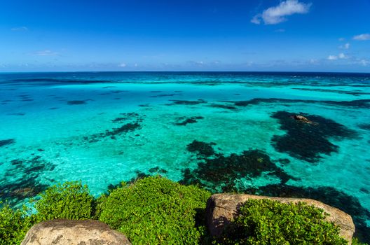 View of turquoise Caribbean water from top of secluded island
