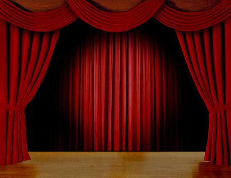 Red curtain on stage with spotlight