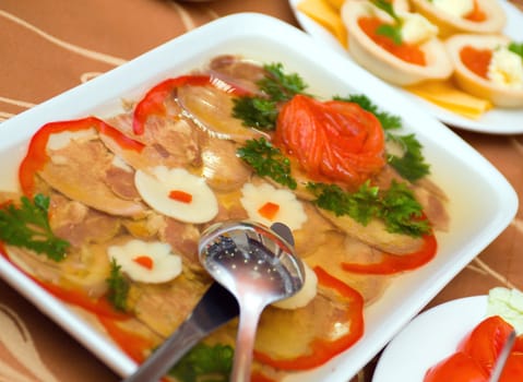 Aspic from meat with egg.Shallow depth-of-field