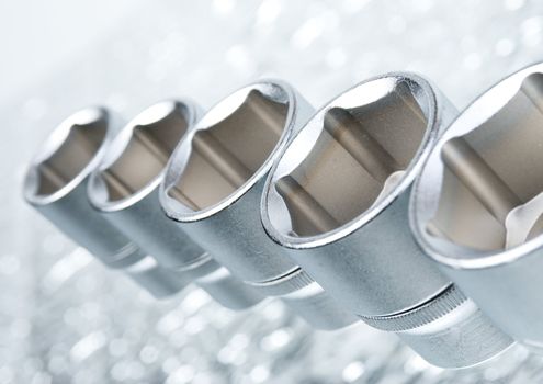 set of metallic tools as background close-up