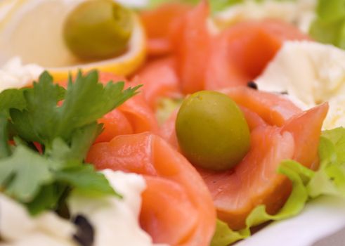 Seafood arrangement.salmon,halibut,roe.  close up
