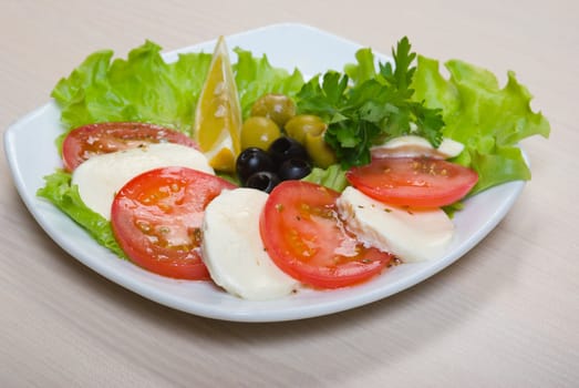 Arrangement of mozzarella and tomatoes. 
