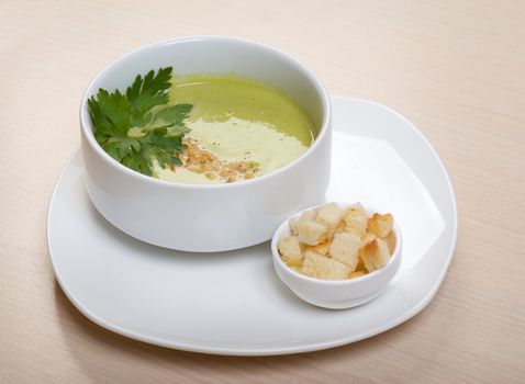 vegetable cream soup from brussels sprouts  close up 