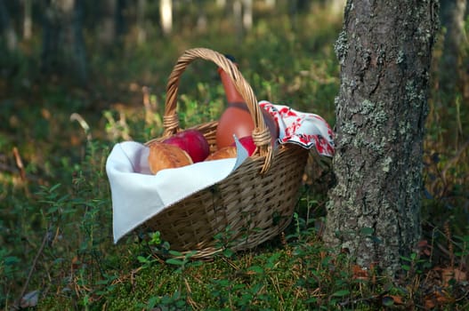 Picnic wicker basket with patty, food and wine bottle in wheat field 