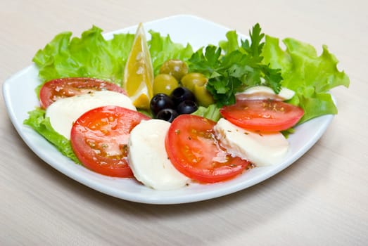 Arrangement of mozzarella and tomatoes. 