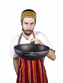 portrait of male chef with wok in the shoulder