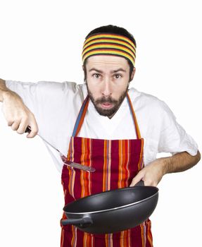 portrait of male chef with wok in the shoulder