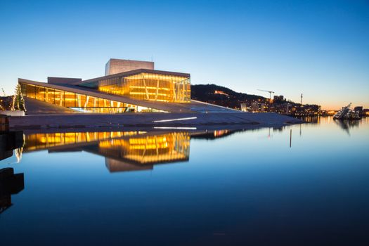 Oslo Opera House shine at dusk, morning twilight,  Norway