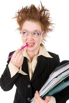   stressed crazy Businesswoman with huge stack of paperwork.isolated on white 