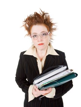   stressed crazy Businesswoman with huge stack of paperwork.isolated on white 