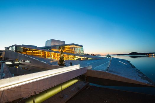 Oslo Opera House shine at dusk, morning twilight,  Norway