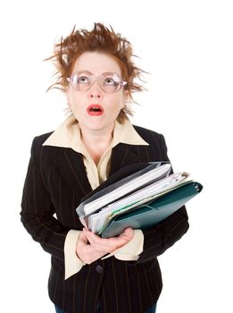   stressed crazy Businesswoman with huge stack of paperwork.isolated on white 