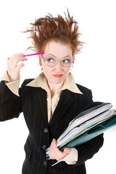   stressed crazy Businesswoman with huge stack of paperwork.isolated on white 