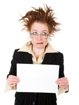 crazy businesswoman holding a whiteboard .isolated on white 