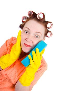 crazy housewife  maid cleaner with sponge .Isolated on white background 