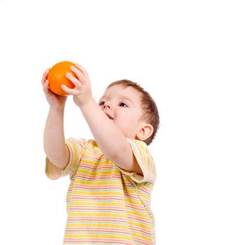 boy caughts flying oranges  isolated on white background