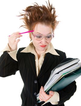   stressed crazy Businesswoman with huge stack of paperwork.isolated on white 