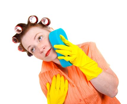 crazy housewife  maid cleaner with sponge .Isolated on white background 