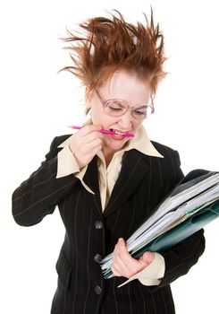   stressed crazy Businesswoman with huge stack of paperwork.isolated on white 