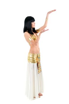 Bellydance woman in yellow egypt style. Isolated on white backgroun