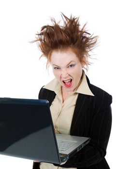Angry crazy Businesswoman with a laptop - isolated on white