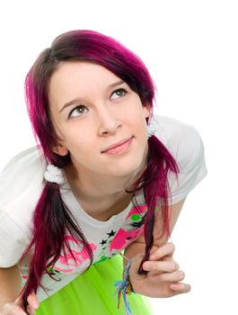 bizarre pink hair emo girl  white background 