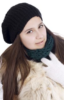 Cheerful woman clothing in warm hat. Winter season.