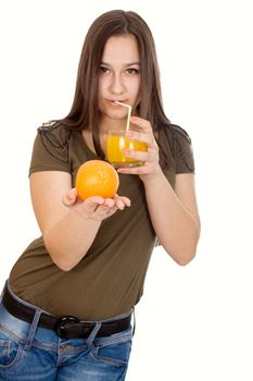 Girl with orange juice and oranges in hand isolated on white background

