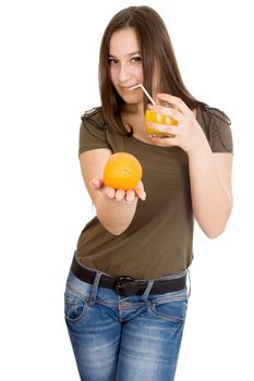 Girl with orange juice and oranges in hand isolated on white background..
