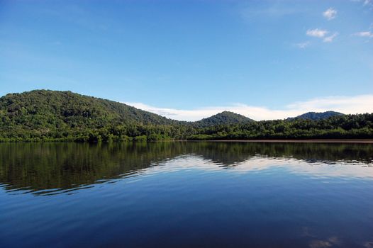 Mountains reflection at river water surface, Papua New Guinae