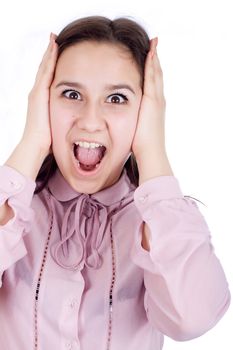 Shocked girl with uncombed black hair, it is isolated on white background.