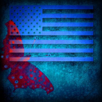 USA flag grunge abstract background in blue and butterfly