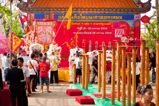 BANGKOK,/THAILAND-JANUARY 20:  lion dance dressing during parade in Chinese New Year Celebrations on January 20, 2013 in BANGKOK