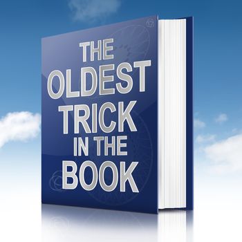 Illustration depicting a book with the oldest trick in the book concept title. Sky background.