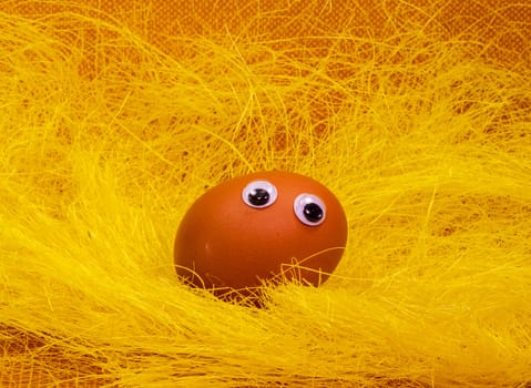 easter egg with eyes on yellow and brown backgroud