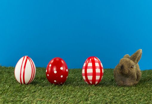 easter eggs and bunny on green grass with blue background
