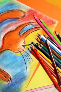Mix of multicolored vivid pencils 
